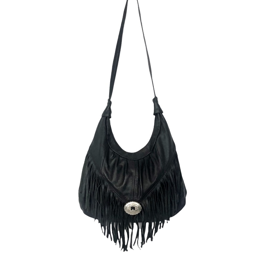Vintage Black Leather Fringed Hobo with Silver Concho